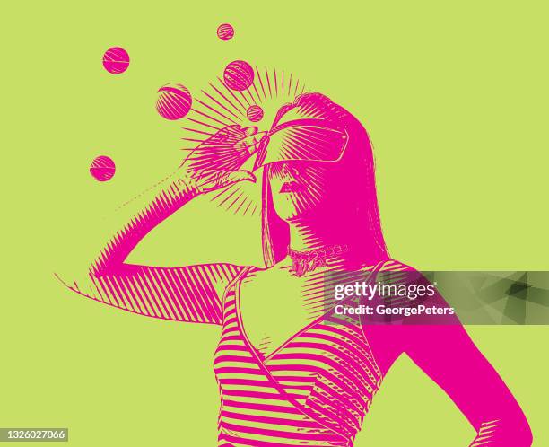 young woman using virtual reality simulator - virtual headset stock illustrations