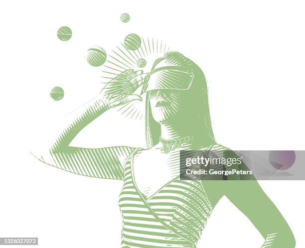 young woman using virtual reality simulator - virtual headset stock illustrations