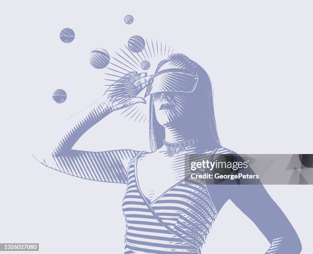 young woman using virtual reality simulator - virtual headset stock illustrations