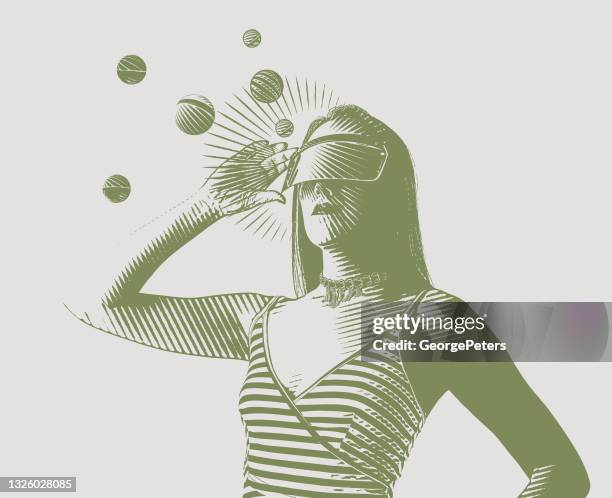 young woman using virtual reality simulator - vr headset isolated stock illustrations
