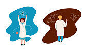 Man and Woman Scientist in Laboratory Coat Conducting Research and Investigation Vector Set
