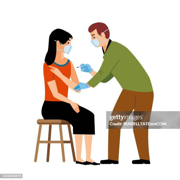 family doctor gives patient covid jab - paramedic stock illustrations