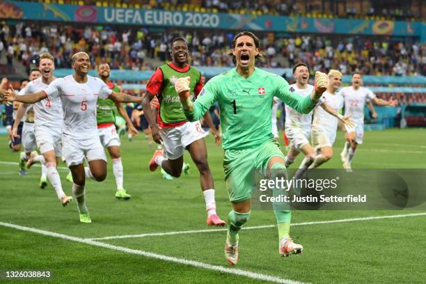 Yann Sommer of Switzerland celebrates after saving the decisive penalty taken by Kylian Mbappe of France during the UEFA Euro 2020 Championship Round...