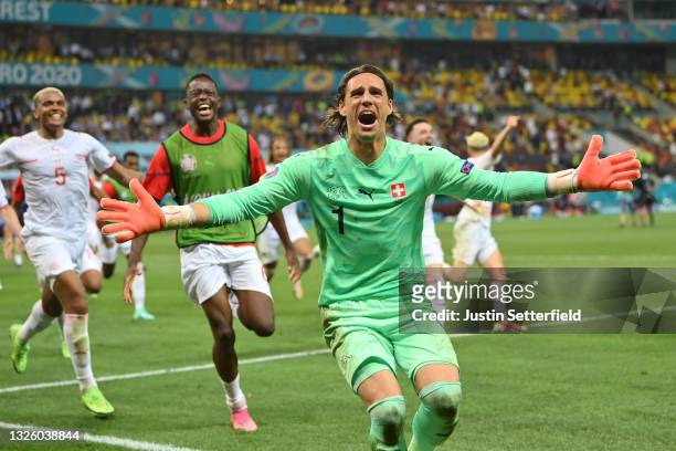 Yann Sommer of Switzerland celebrates after saving the decisive penalty taken by Kylian Mbappe of France during the UEFA Euro 2020 Championship Round...