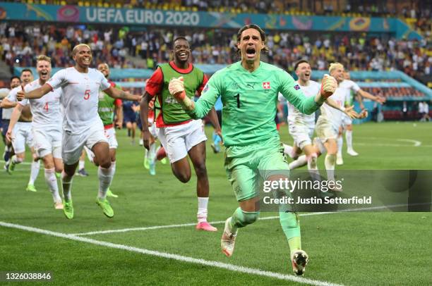 Yann Sommer of Switzerland celebrates after saving the decisive penalty taken by Kylian Mbappe of France during the UEFA Euro 2020 Championship Round...