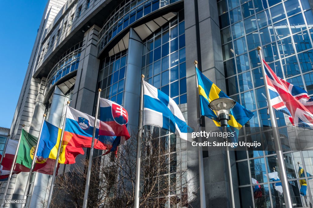 European national flags in front of European Parliament building