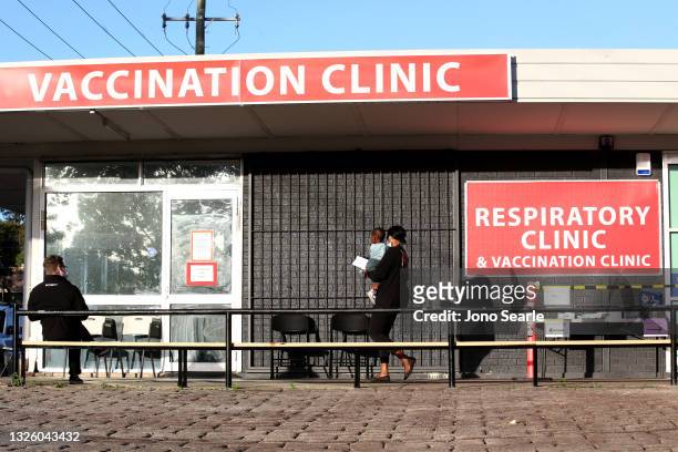 People stand outside a vaccination clinic at Slacks Creek on June 29, 2021 in Brisbane, Australia. Queensland Premier Annastacia Palaszczuk has...