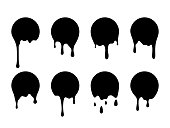 Drip paint stickers. Black melted badges. Ink stains. Dripping circles set. Round shape silhouettes with flowing drops. Abstract graffiti elements. Fluid textures. Vector dirty spots