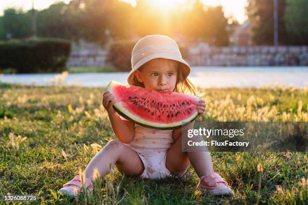 pensive toddler girl sitting on he grass during sunset and eating the refreshing and juicy watermelon - hot babe stock pictures, royalty-free photos & images