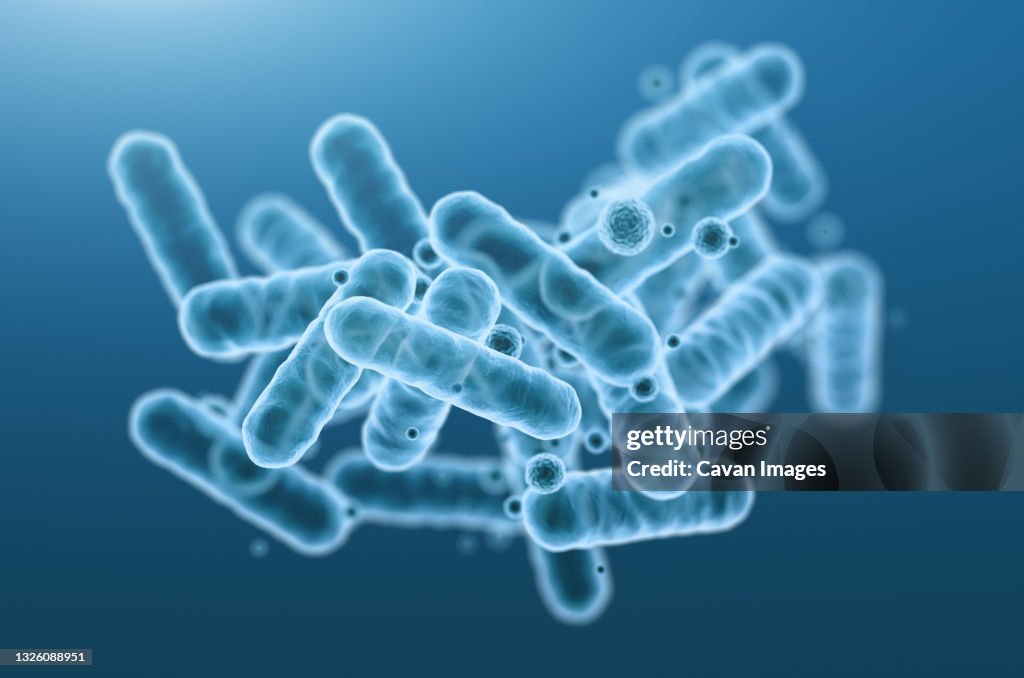 Close-up of 3d rendering microscopic blue bacteria.
