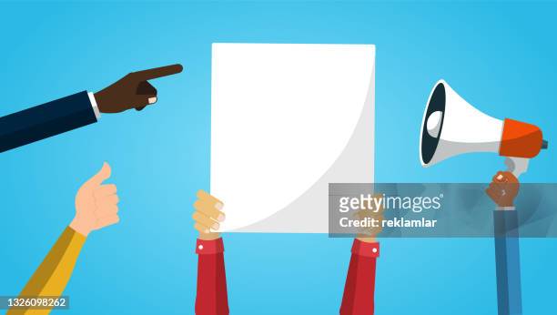 stockillustraties, clipart, cartoons en iconen met vector illustration of diverse crowd of people at protest rally. people resisting, marching, raising their fists and holding banners. concept for protest, politics, opposition, activism and social issues. - political rally