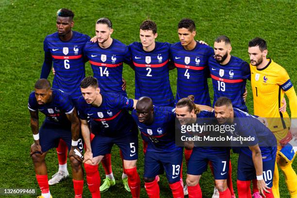 France National squad poses for team photo with Paul Pogba, Adrien Rabiot, Benjamin Pavard, Raphael Varane, Karim Benzema, Goalkeeper Hugo Lloris,...