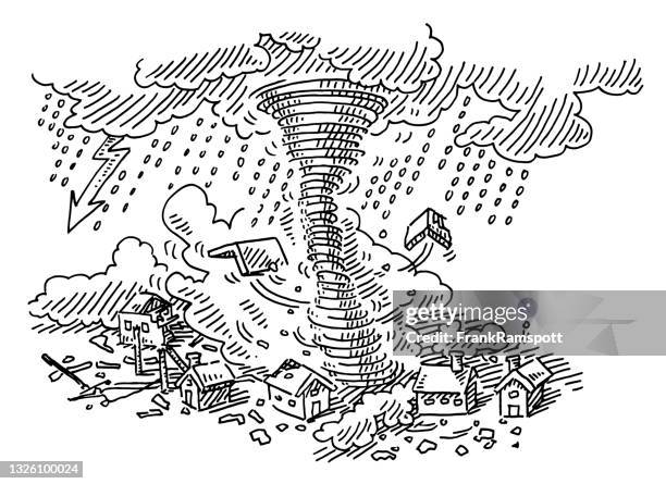 tornado disaster small town drawing - storm damage drawing stock illustrations