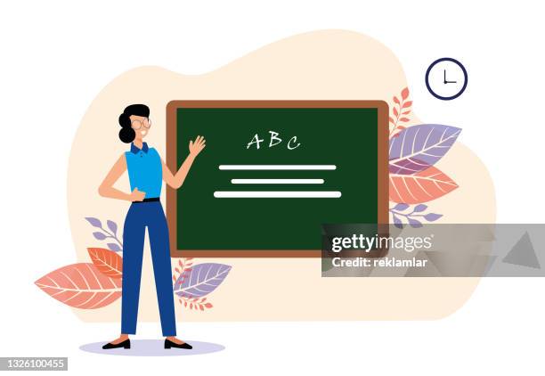 stockillustraties, clipart, cartoons en iconen met young female teacher showing the blackboard in the classroom. there are letters on the classroom board. elementary school teacher young woman standing. school classroom interior. education concept. cartoon vector illustration. back to school poster. - dichtgetimmerd