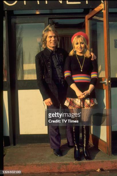 Actors Adam Faith and Adrienne Posta in character as Ronald Bird and Charity on the set of drama series Budgie, circa 1971.