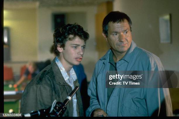 Actors Michael Elphick and Dexter Fletcher in character as Ken Boon and Eddie Cotton in the 'Walking Off Air' episode of comedy drama series Boon,...