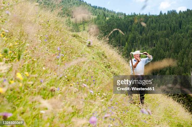 senior farmer with scythe standing on steep hill, salzburg state, austria - scythe stock pictures, royalty-free photos & images