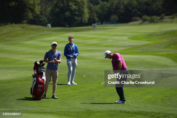 Padraig Harrington of Ireland in action during a practice day prior to The Dubai Duty Free Irish Open at Mount Juliet Golf Club on June 29, 2021 in...