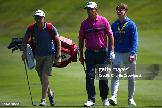 Padraig Harrington of Ireland in action during a practice day prior to The Dubai Duty Free Irish Open at Mount Juliet Golf Club on June 29, 2021 in...