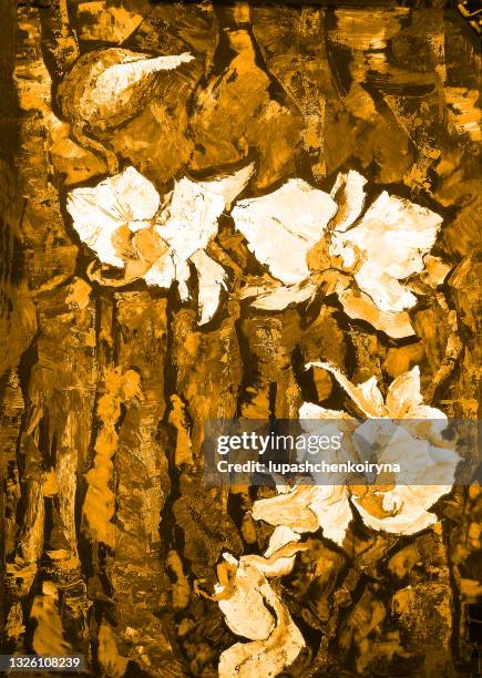 illustration oil painting landscape flowers of  orchid on a bright background of plant leaves in sepia tones - oil painting flowers stock illustrations
