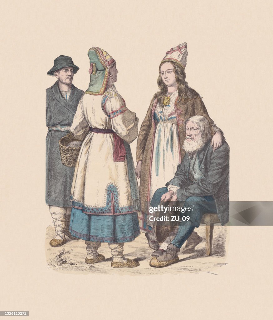 19th century, Russian costumes, hand-colored wood engraving, published ca. 1880