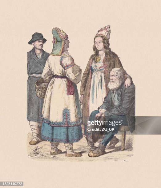 19th century, russian costumes, hand-colored wood engraving, published ca. 1880 - volga river stock illustrations