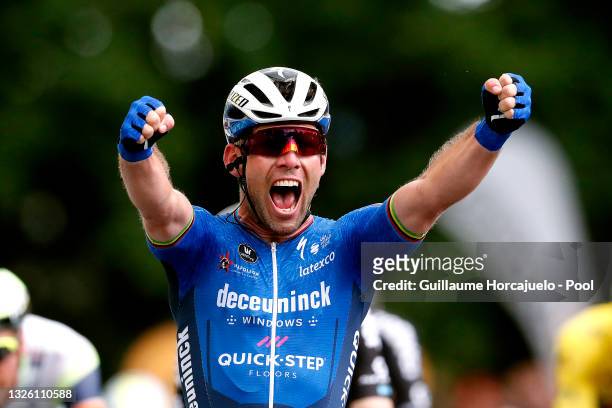 Mark Cavendish of The United Kingdom and Team Deceuninck - Quick-Step stage winner celebrates at arrival during the 108th Tour de France 2021, Stage...
