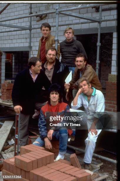 Auf Wiedersehen, Pet actors Kevin Whately Timothy Spall, Jimmy Nail, Christopher Fairbank, Gary Holton, Tim Healy and Pat Roach, circa 1986.
