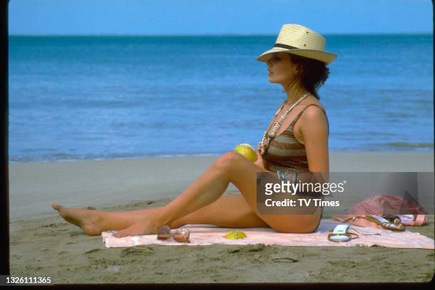 Actress Joanne Whalley, known for her role as Ingrid Rothwell in drama series A Kind of Loving, posed on a beach in Puerto Rico, circa 1982.
