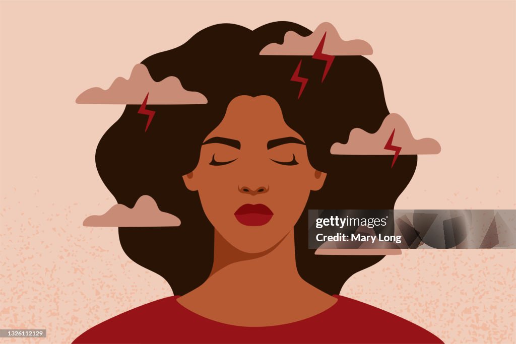 African American woman feels anxiety and emotional stress. Depressed black girl experiences mental health issues.