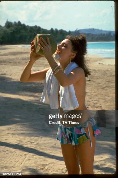 Actress Joanne Whalley, known for her role as Ingrid Rothwell in drama series A Kind of Loving, posed on a beach in Puerto Rico, circa 1982.