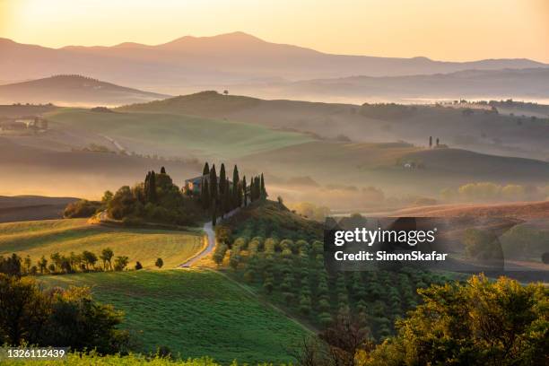 landschaft eines nebligen sonnenaufgangs - tuscany villa stock-fotos und bilder