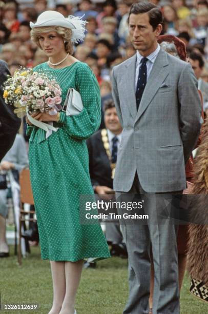 Diana, Princess of Wales and Prince Charles attend an official welcome ceremony at Eden Park Stadium in Auckland, New Zealand, 18th April 1983. The...