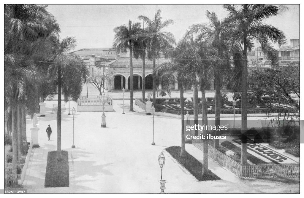 Antique black and white photograph: Plaza de armas, Cienfuegos, Santa Clara, Cuba