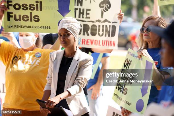 Rep. Ilhan Omar speaks at an “End Fossil Fuel” rally near the U.S. Capitol on June 29, 2021 in Washington, DC. Organized by Our Revolution,...