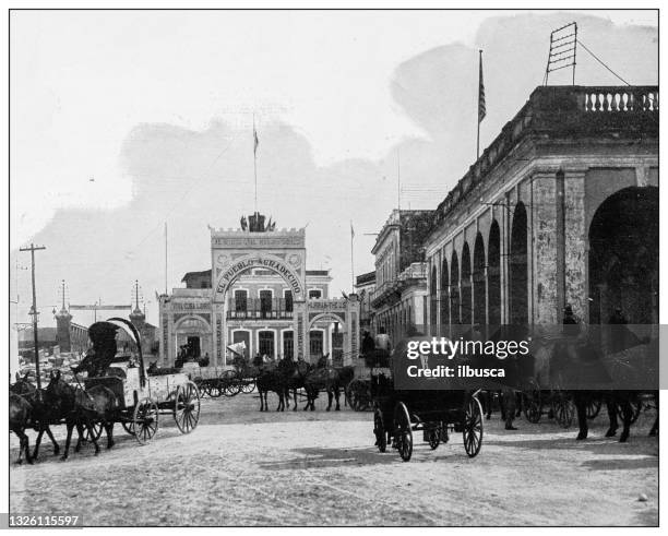 antique black and white photograph: railway station and quartermaster's office, cardenas, cuba - matanzas province stock illustrations