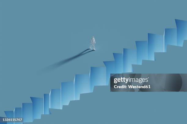 three dimensional render of wireframe man walking toward crevice - crevice stock pictures, royalty-free photos & images