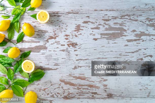 lemon fruits and lemon tree leaves on grunge white wood background leaving copy space - lemon tree stock pictures, royalty-free photos & images