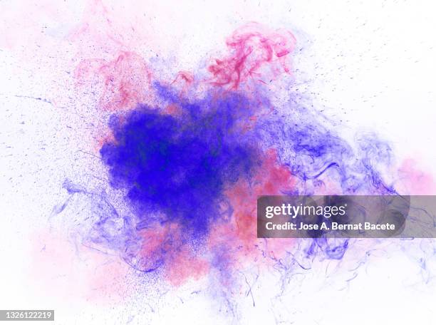 explosion with a cloud of blue and red smoke on a white background - fireworks on white stockfoto's en -beelden