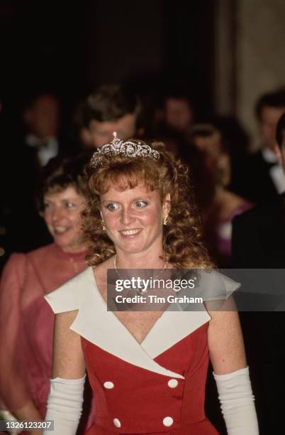 Sarah, Duchess of York attends a banquet held by the Canadian government at the Royal York Hotel in Toronto, Canada, 16th July 1987.