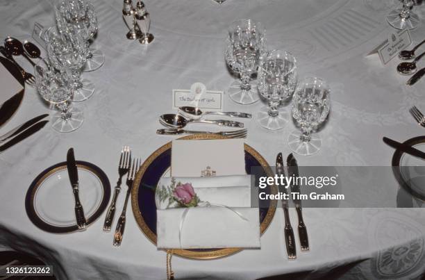 The place setting for Sarah, Duchess of York before a banquet held by the Canadian government at the Royal York Hotel in Toronto, Canada, 16th July...
