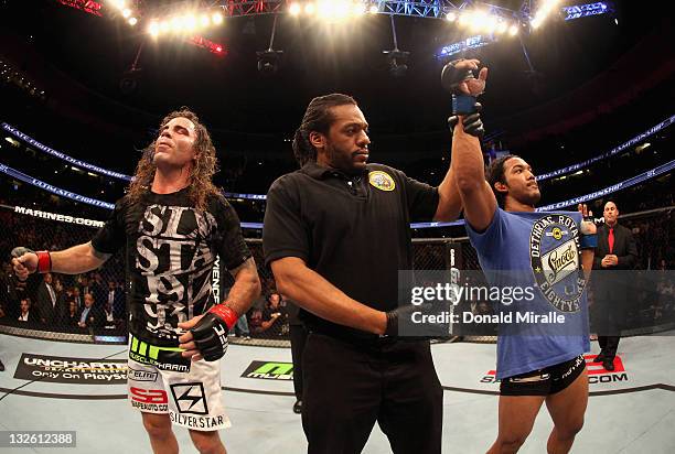 Benson Henderson celebrates his victory over Clay Guida after an unanimous decesion in their lightweight bout during the UFC on FOX event at the...