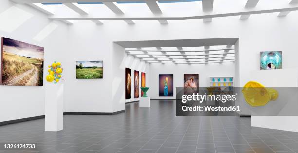 canvas paintings and plastics models arranged in art gallery - art museum stock illustrations