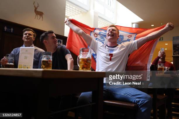 England fans watch the England v Germany - UEFA Euro 2020: Round of 16 match in the Biershenke bar on June 29, 2021 in London, England. After...