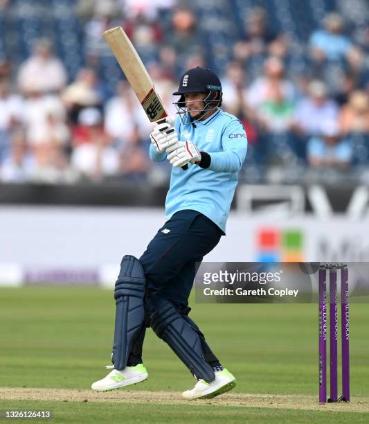 Joe Root of England bats during the 1st One Day International between England and Sri Lanka at Emirates Riverside on June 29, 2021 in...