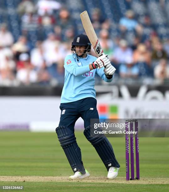 Joe Root of England bats during the 1st One Day International between England and Sri Lanka at Emirates Riverside on June 29, 2021 in...