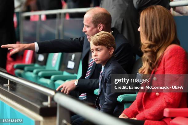 Prince William, President of the Football Association along with Catherine, Duchess of Cambridge with Prince George during the UEFA Euro 2020...