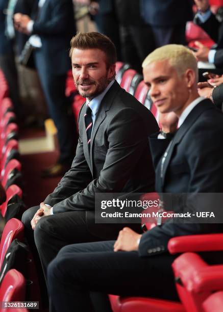 David Beckham and son, Romeo Beckham during the UEFA Euro 2020 Championship Round of 16 match between England and Germany at Wembley Stadium on June...