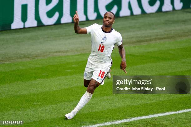 Raheem Sterling of England celebrates after scoring their side's first goal during the UEFA Euro 2020 Championship Round of 16 match between England...