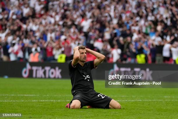 Thomas Mueller of Germany reacts after a missedisses a chance during the UEFA Euro 2020 Championship Round of 16 match between England and Germany at...